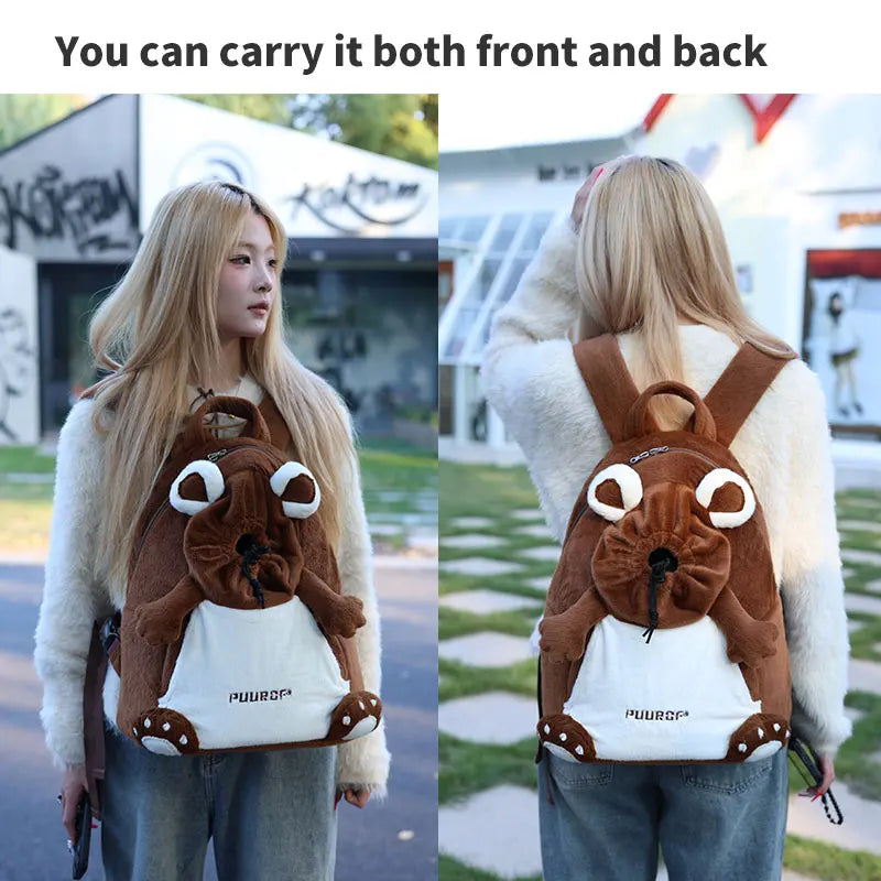A split view showing a woman outdoors wearing a plush dog-shaped backpack from the front and back. The backpack is brown with a white front panel and cartoon eyes.