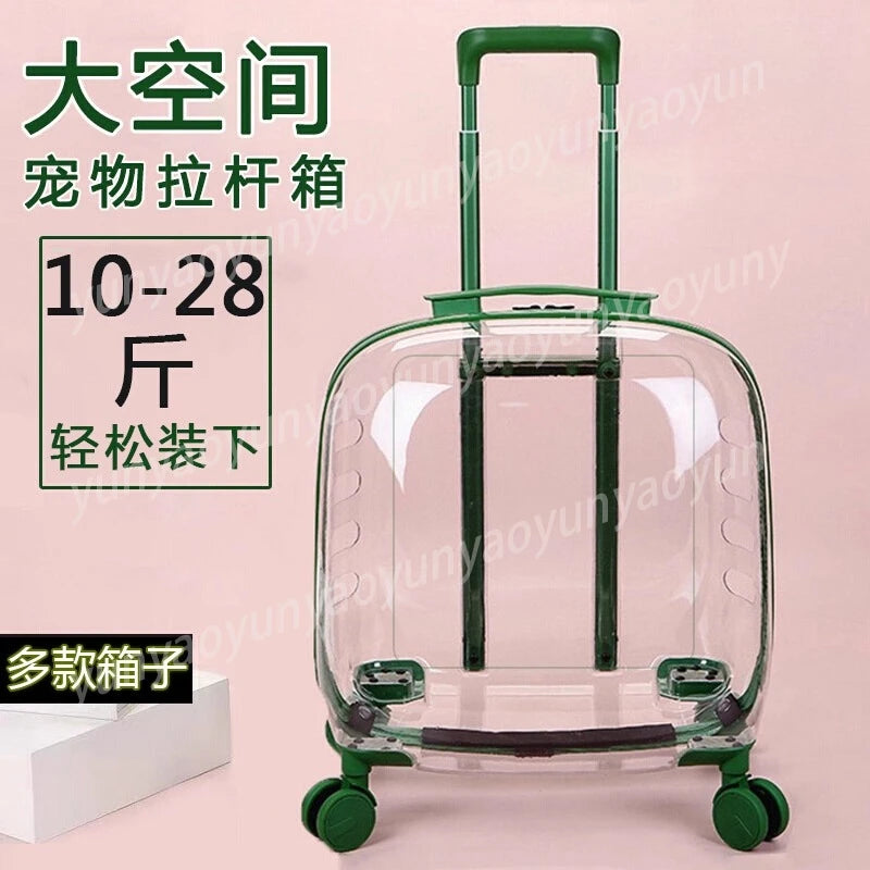 A clear plastic pet rolling suitcase with green handle and wheels, shown on a light pink background with Chinese promotional text overlays.
