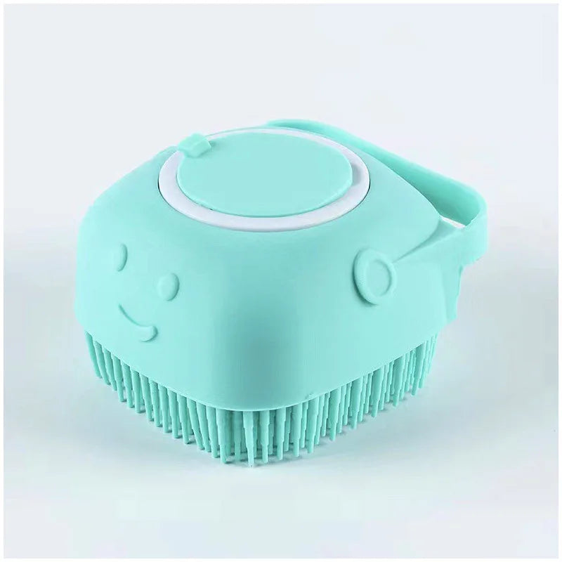 Mint green cleaning brush with a smiley face on a light gray background