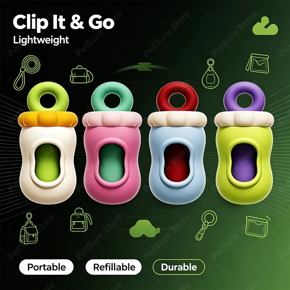 Four reusable pet lick mats in assorted colors (green, pink, blue, and lime green) arranged in a row against a dark green background with promotional text and icons.