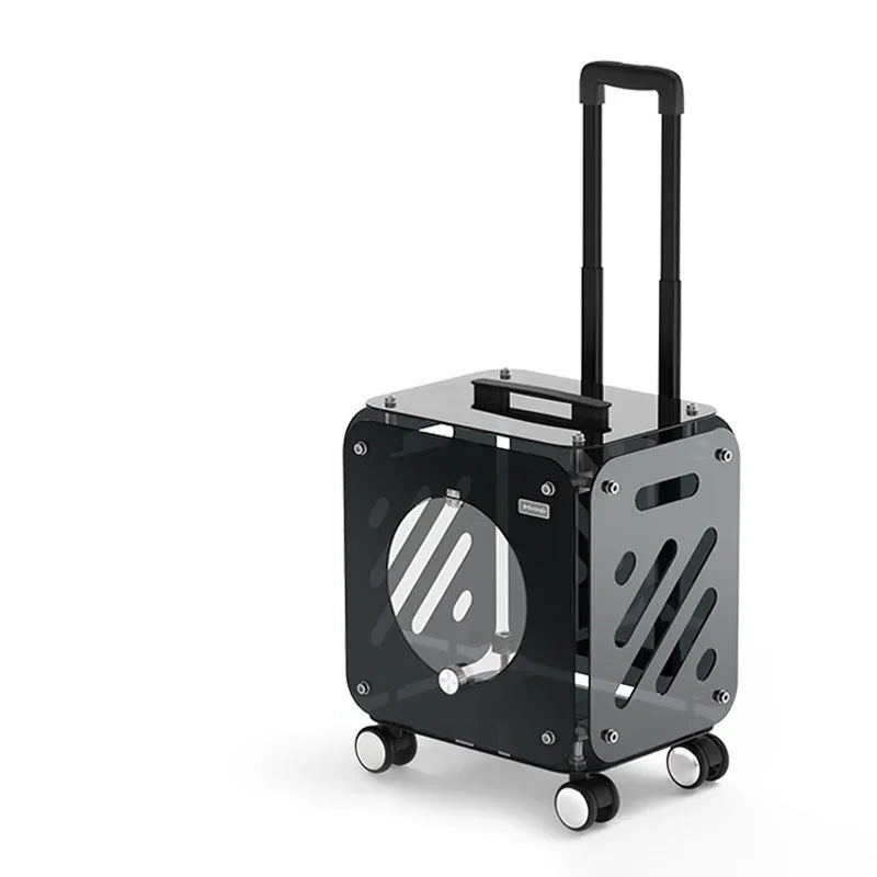 A modern, minimalist rolling storage box made of black and transparent acrylic, featuring a telescoping handle, four wheels, and a circular cutout on the front, shown on a white background.