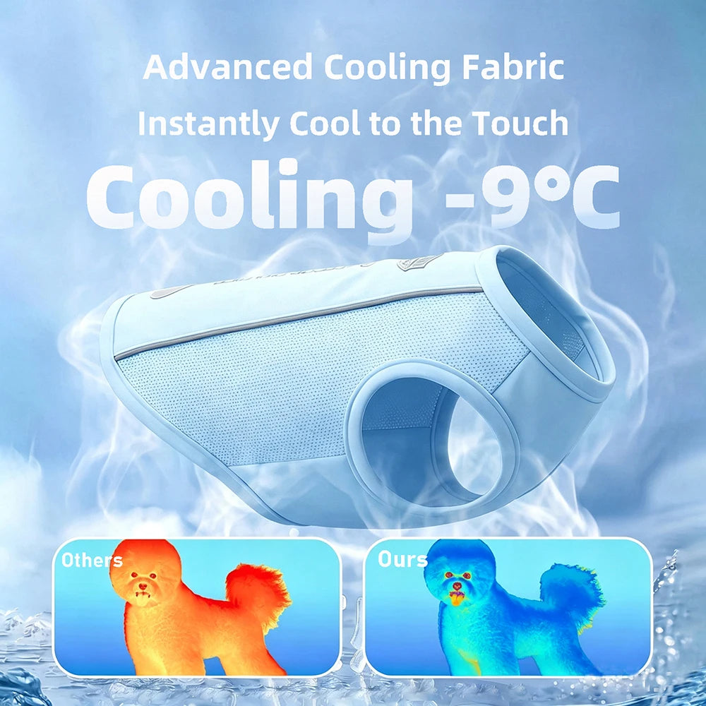 Dog cooling vest with text about advanced cooling fabric and temperature, against a blue background.
