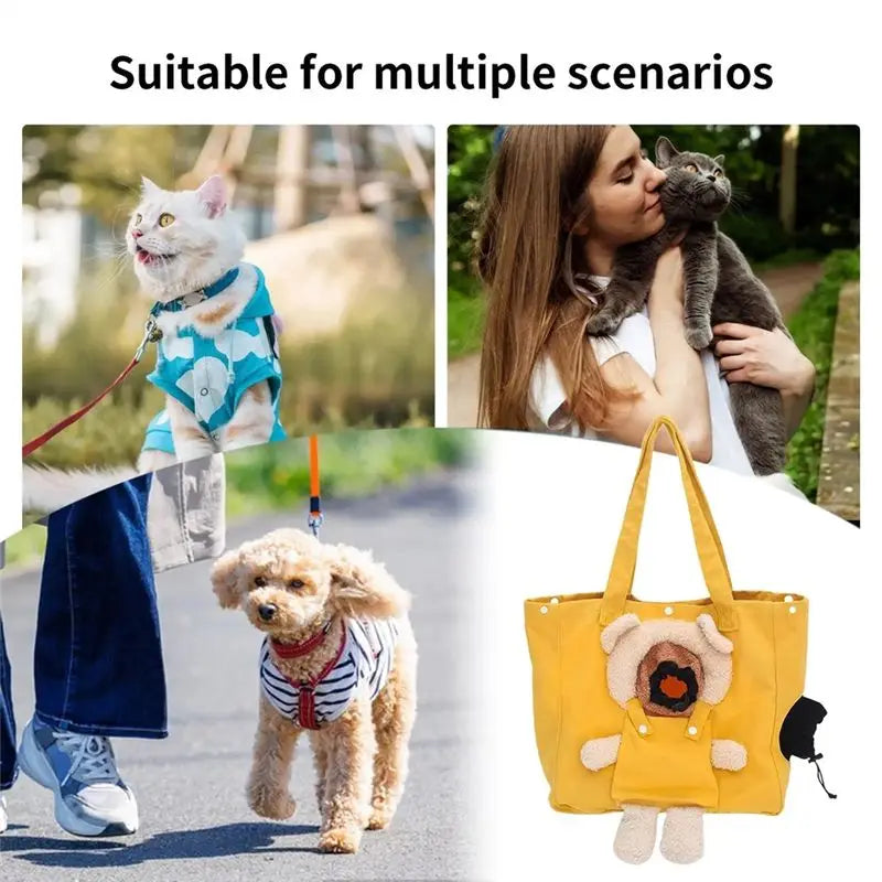 A collage showing a yellow pet tote bag with a plush dog design, alongside lifestyle photos of a cat in a blue harness, a woman holding a gray cat, and a small dog walking outdoors. Text at the top reads 'Suitable for multiple scenarios'.