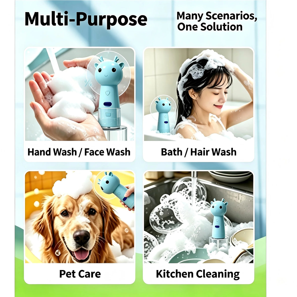 A promotional graphic for a multi-purpose hand and face wash device. The image features a 2x2 grid showing four different use cases: hand wash with foam, bath/hair wash on a woman, pet care with a dog, and kitchen cleaning.