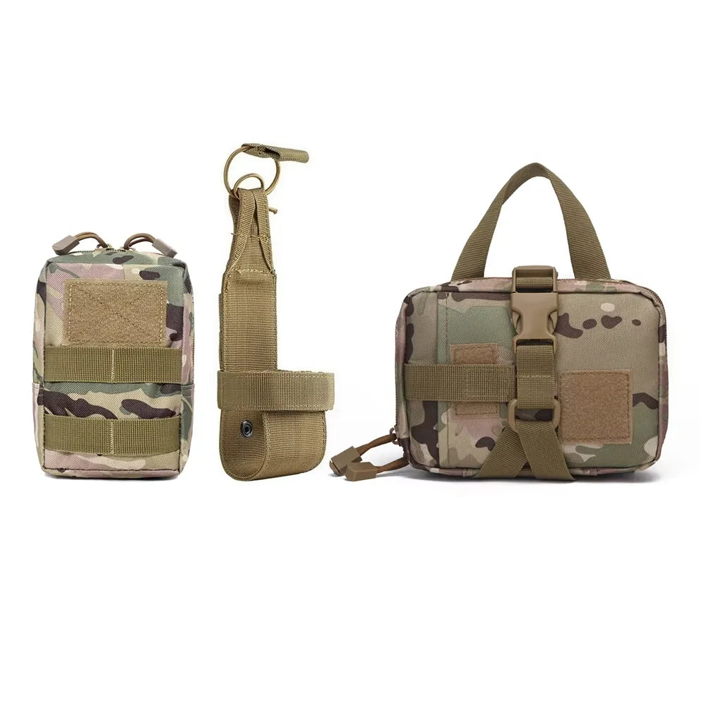 Three tactical pouches in camouflage and brown on a white background