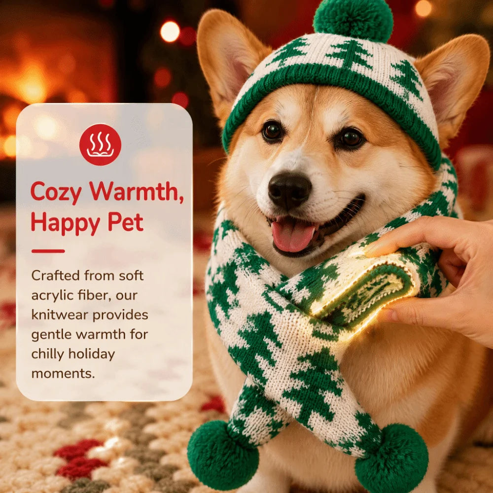 A corgi dog wears a green and white knit beanie and matching scarf with a glowing built-in light, while a human hand adjusts the scarf. A text panel on the left reads 'Cozy Warmth, Happy Pet' with product details.