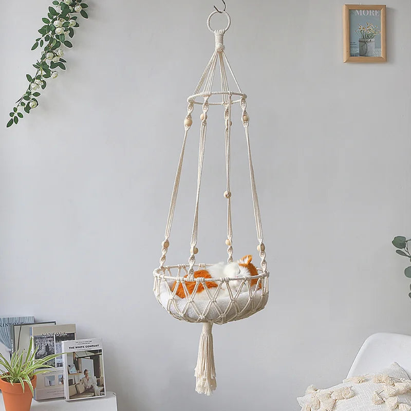 Bohemian Cat Hammock Swing Bed – Handwoven Cotton Macramé
