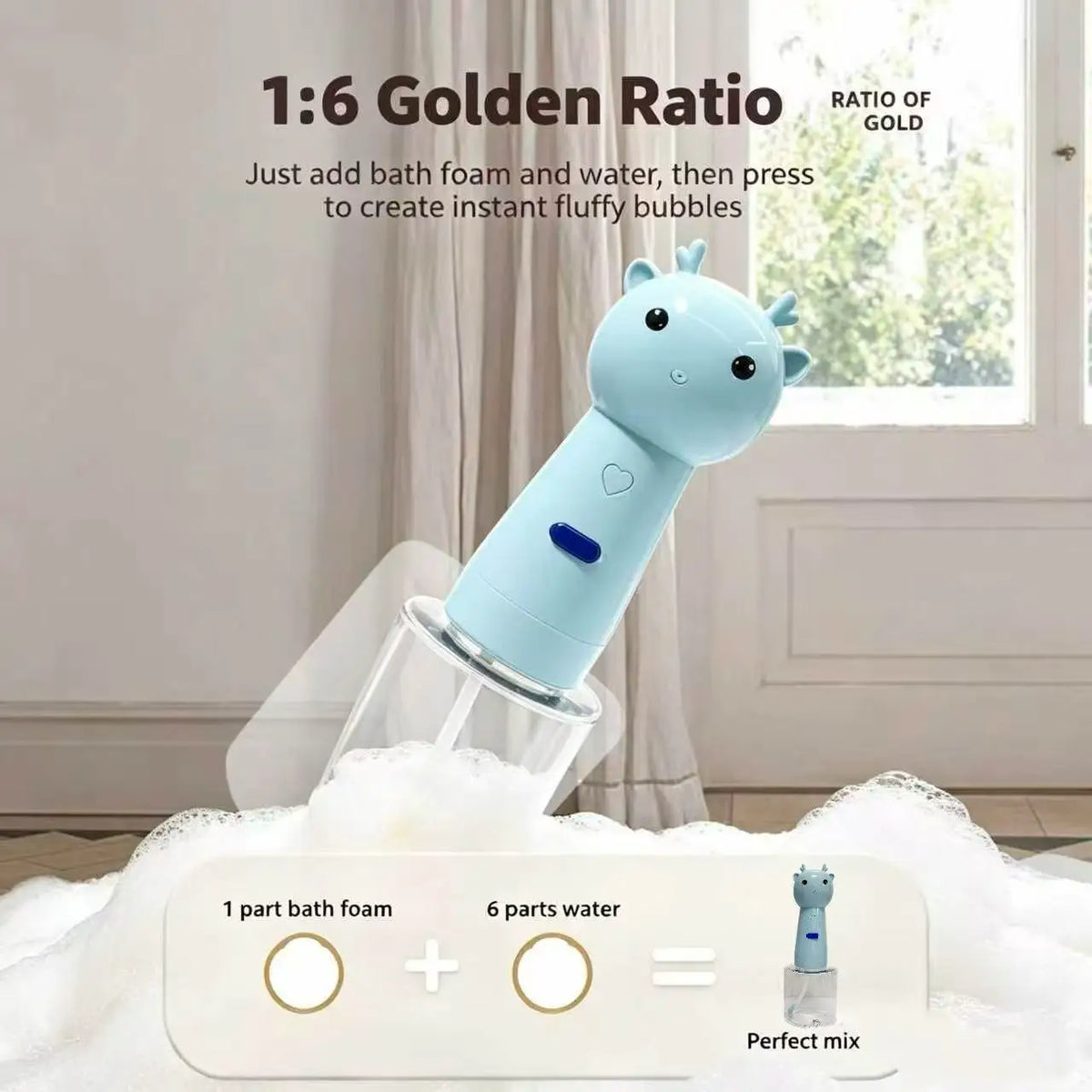 A light blue giraffe-shaped bath bubble maker floating in a clear cup filled with foam, shown in a bathroom setting with text explaining the 1:6 golden ratio mix of bath foam and water.