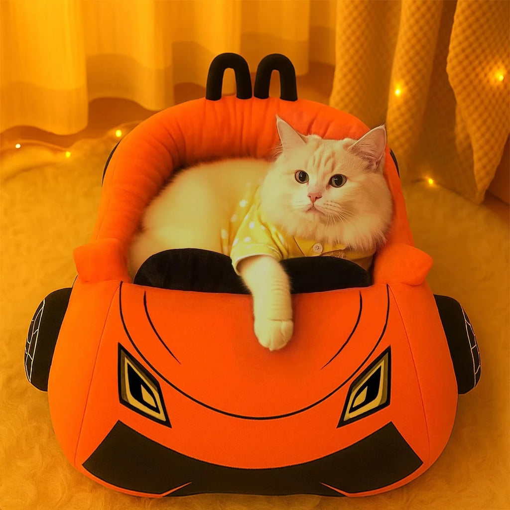 Cat in a small car-shaped bed with a yellow background