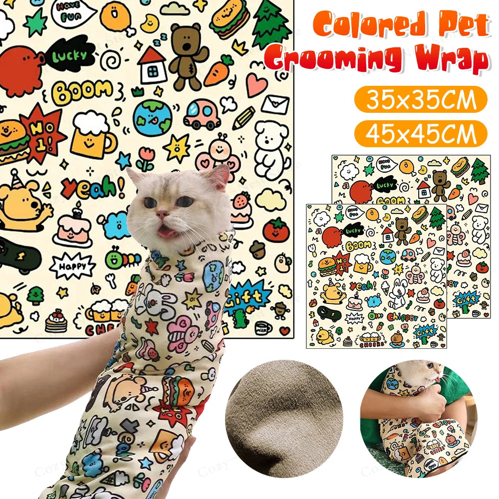 Pet grooming wrap with colorful cartoon designs, cat wearing it, and sand tray shown.