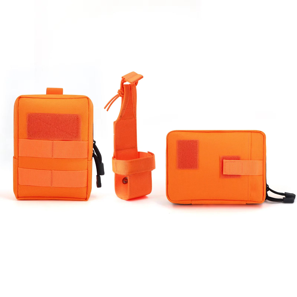 Three orange tactical pouches on a white background
