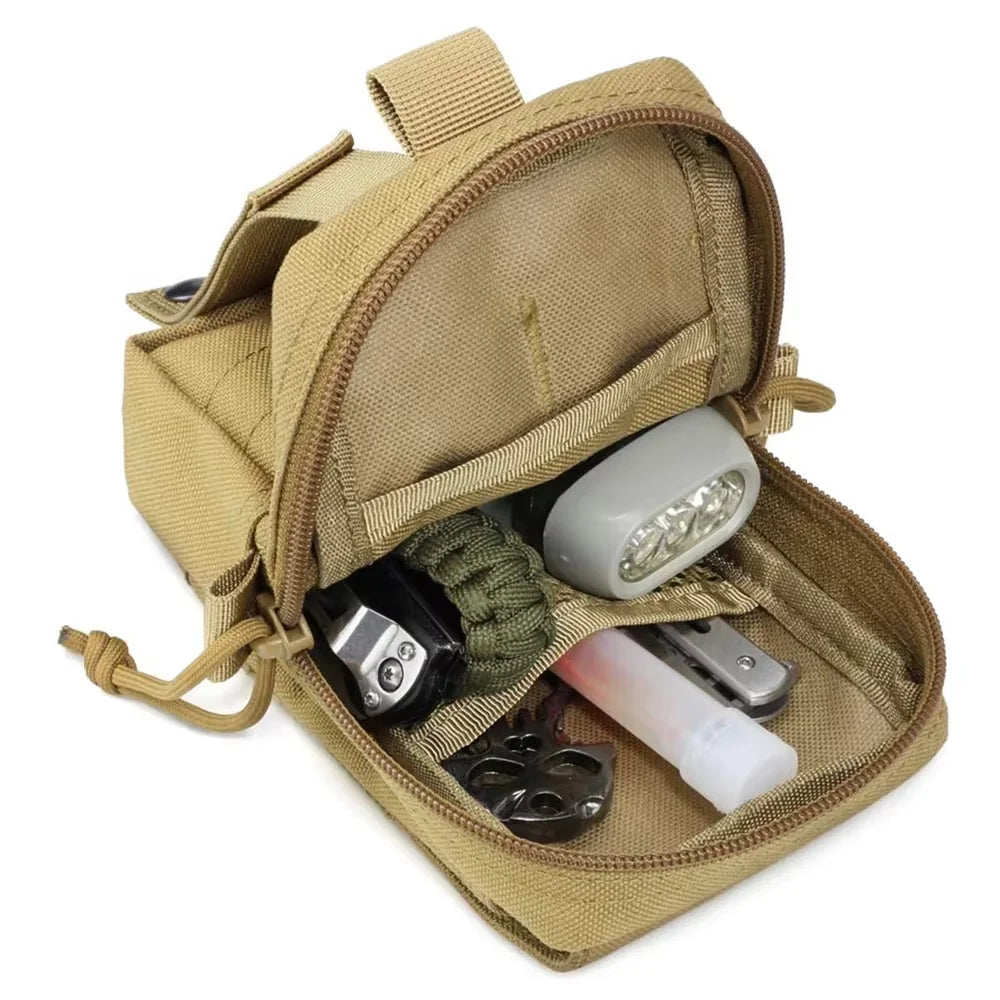 Tan tactical pouch with various tools and items on a white background