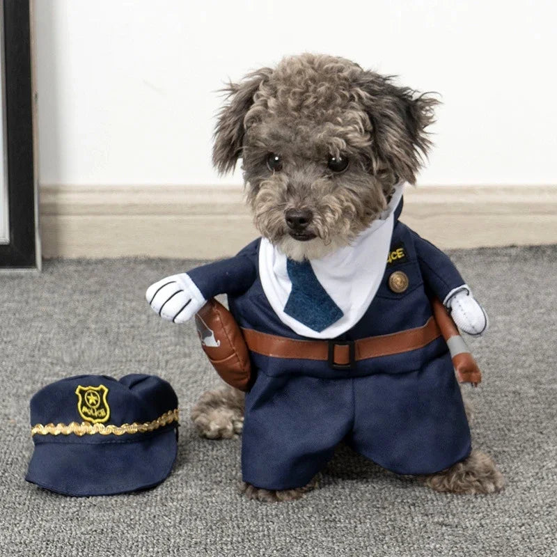 Dog in a police costume with a hat on a carpeted floor