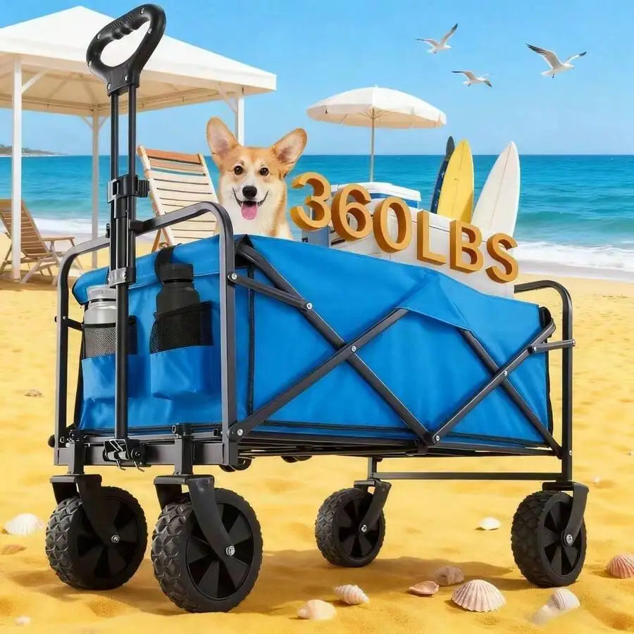 A blue and black foldable wagon cart with large black wheels, shown on a sandy beach with a dog inside and beach umbrellas, surfboards, and the text '360LBS' in the background.