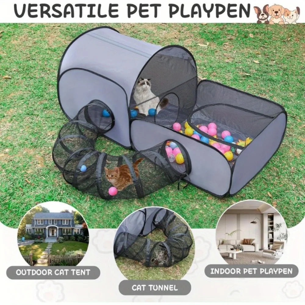 Versatile pet playpen with cat inside on grass, featuring outdoor and indoor uses.
