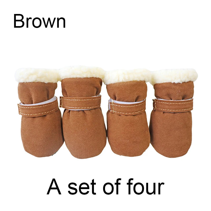 Set of four brown dog boots with white fur lining on a white background