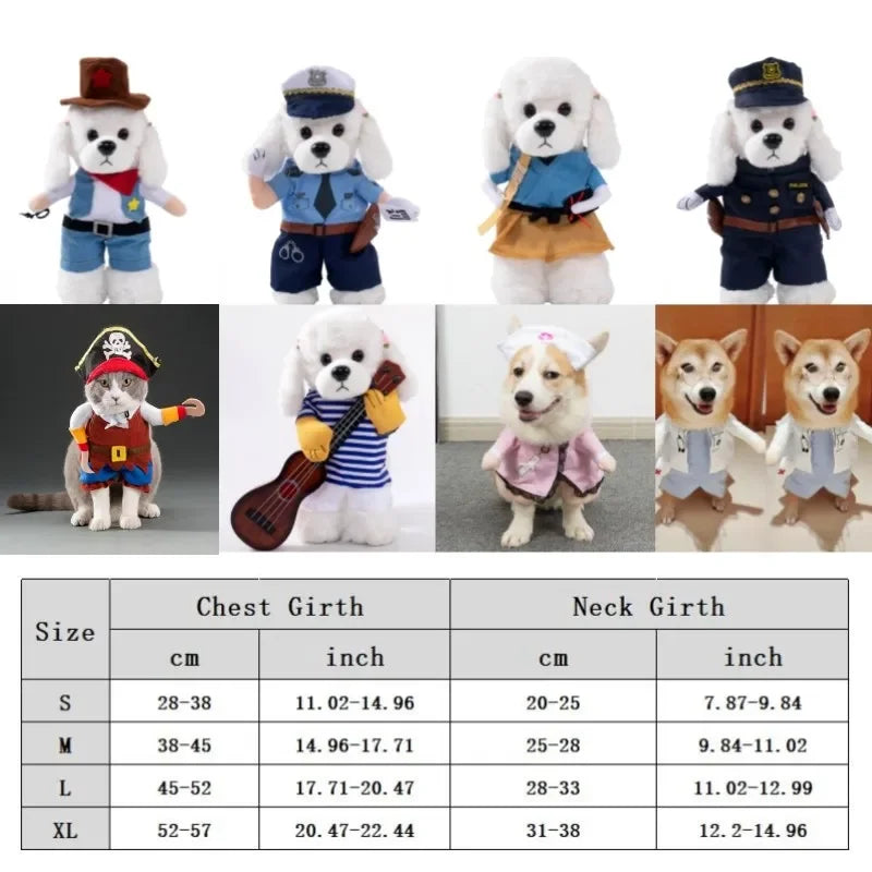 Collection of dogs in various costumes with size chart below.