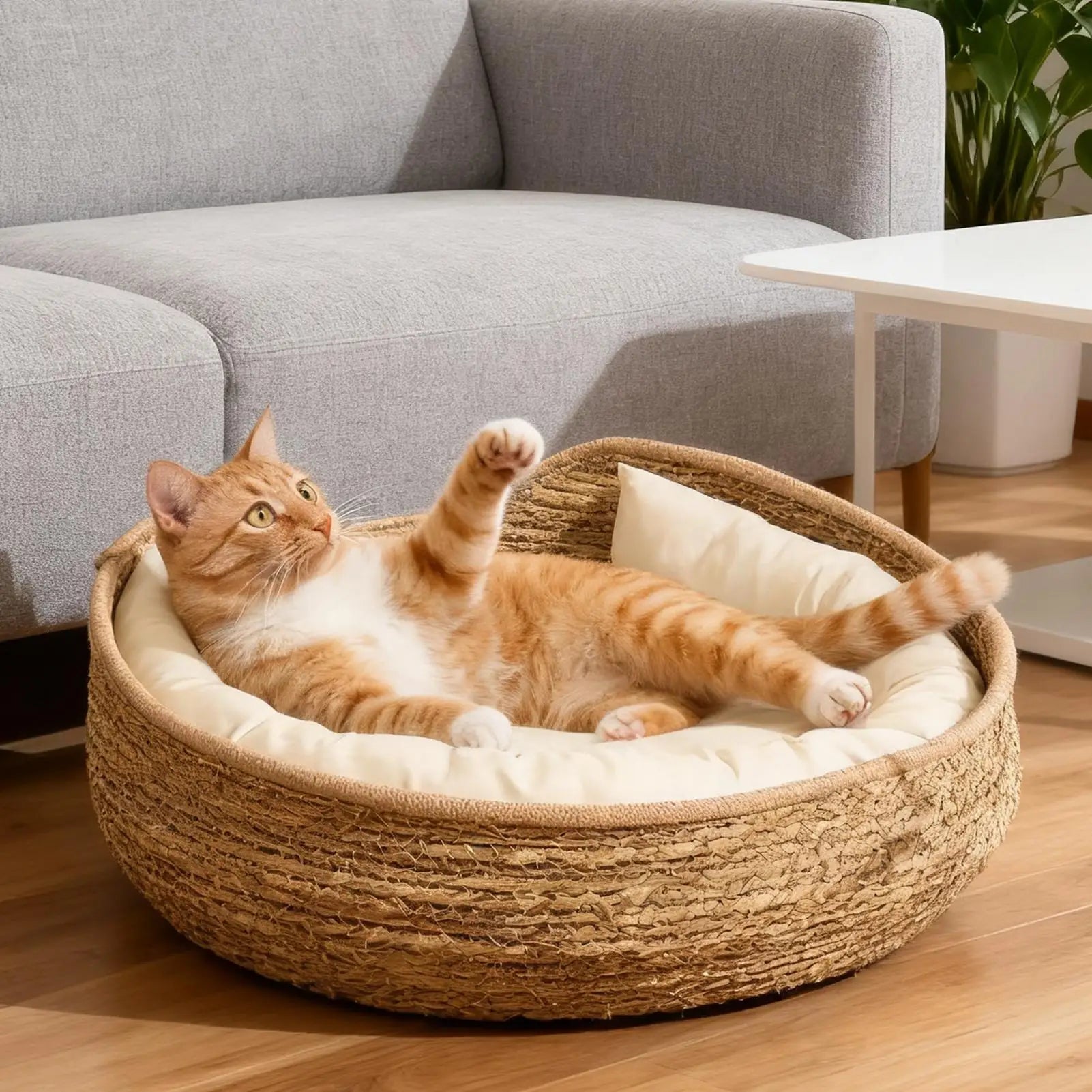 Cotton Rope Round Cat Bed with Pillow