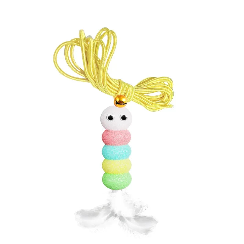 Colorful caterpillar-shaped toy with a yellow string on a white background