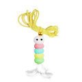 Colorful caterpillar-shaped toy with a yellow string on a white background