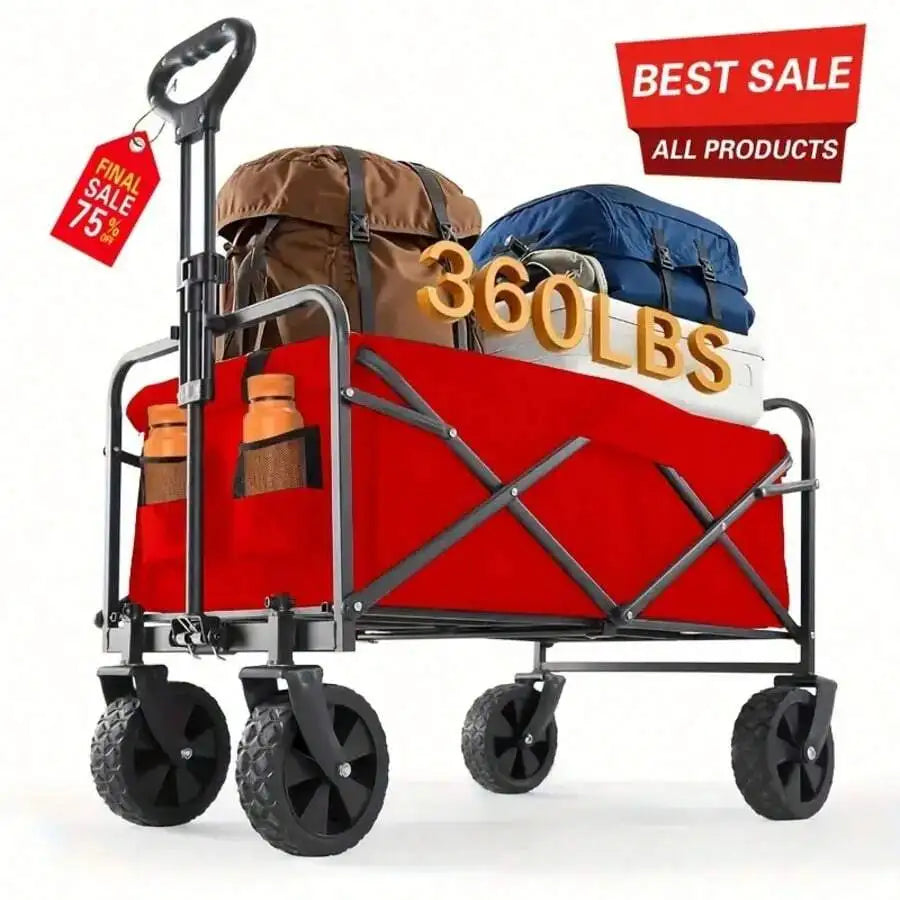 A red and black folding utility wagon with four black wheels, shown loaded with bags and boxes on a white background. A red hanging tag reads 'FINAL SALE 75%', and a red 'BEST SALE ALL PRODUCTS' banner appears in the top right.