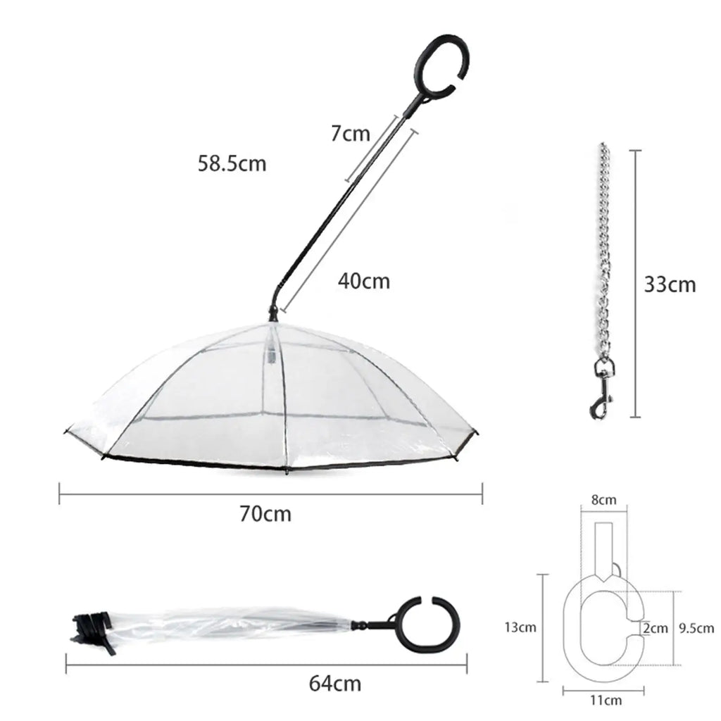 A transparent dome-style umbrella with a black handle and black chain, shown with multiple dimension callouts and measurements on a white background.