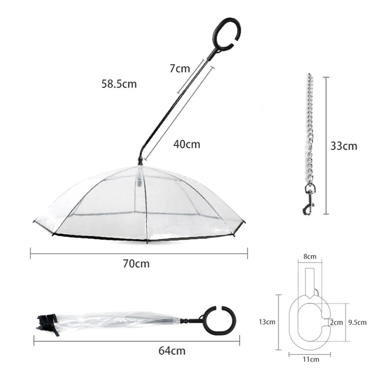 A transparent dome-style umbrella with a black handle and black chain, shown with multiple dimension callouts and measurements on a white background.
