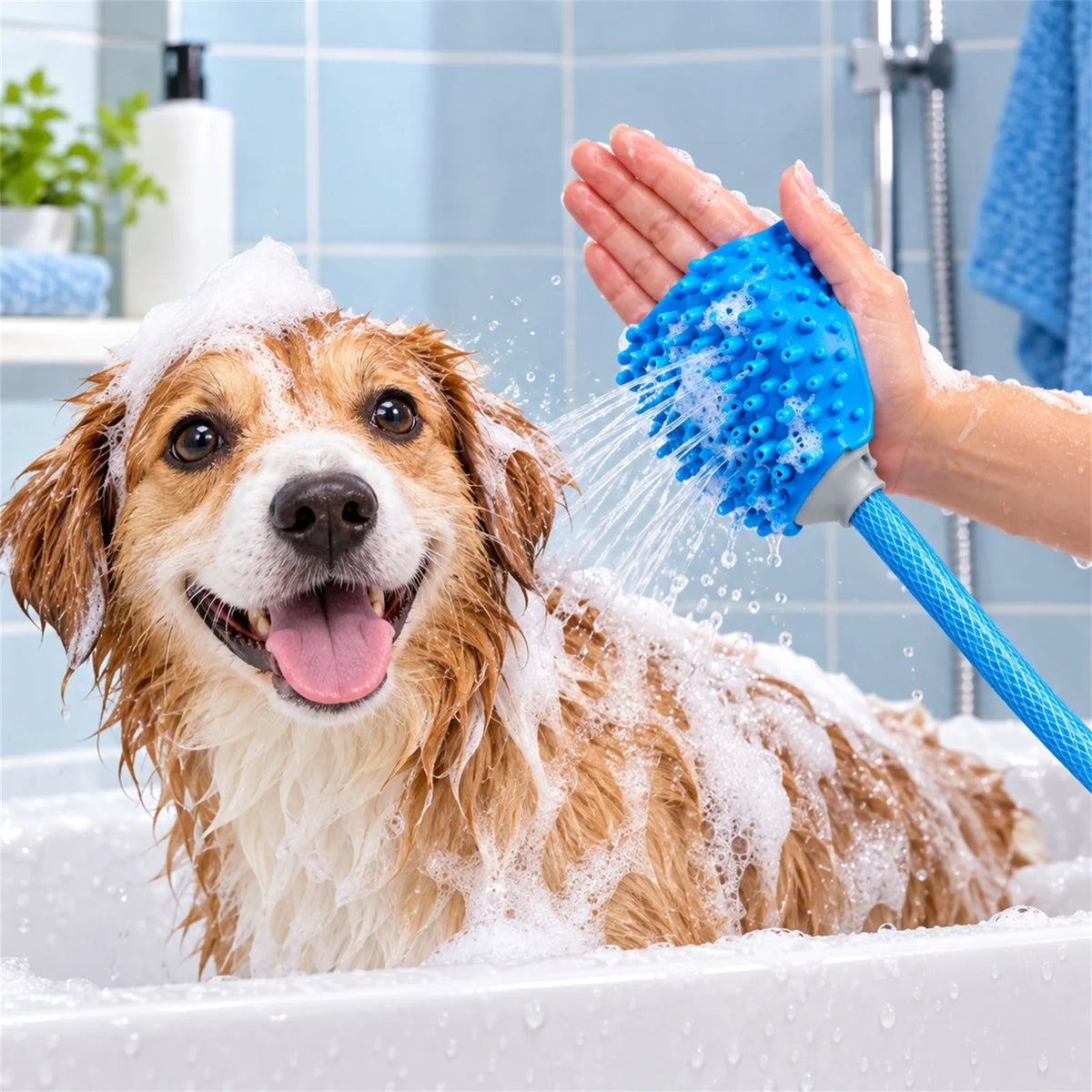 A wet dog with soap foam in a bathtub while a person uses a blue pet shower hose to rinse it, with a tiled bathroom background.