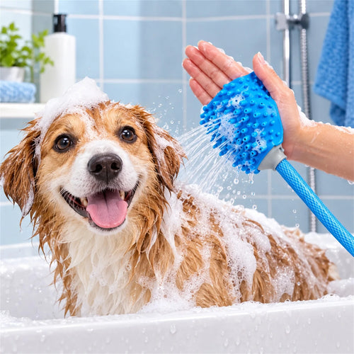 A wet dog with soap foam in a bathtub while a person uses a blue pet shower hose to rinse it, with a tiled bathroom background.