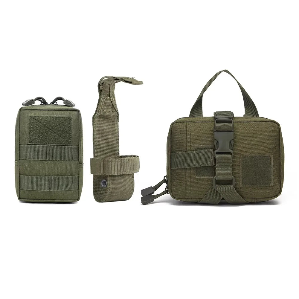Set of green tactical pouches and straps on a white background
