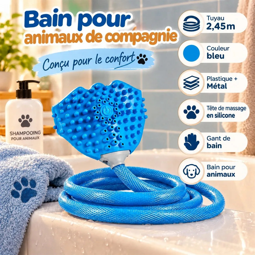 Blue pet bath brush and hose set displayed on a bathroom counter with a towel, shampoo bottle, and French feature callouts on the right.