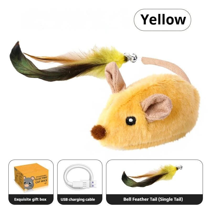 Yellow cat toy mouse with feather tail on a white background