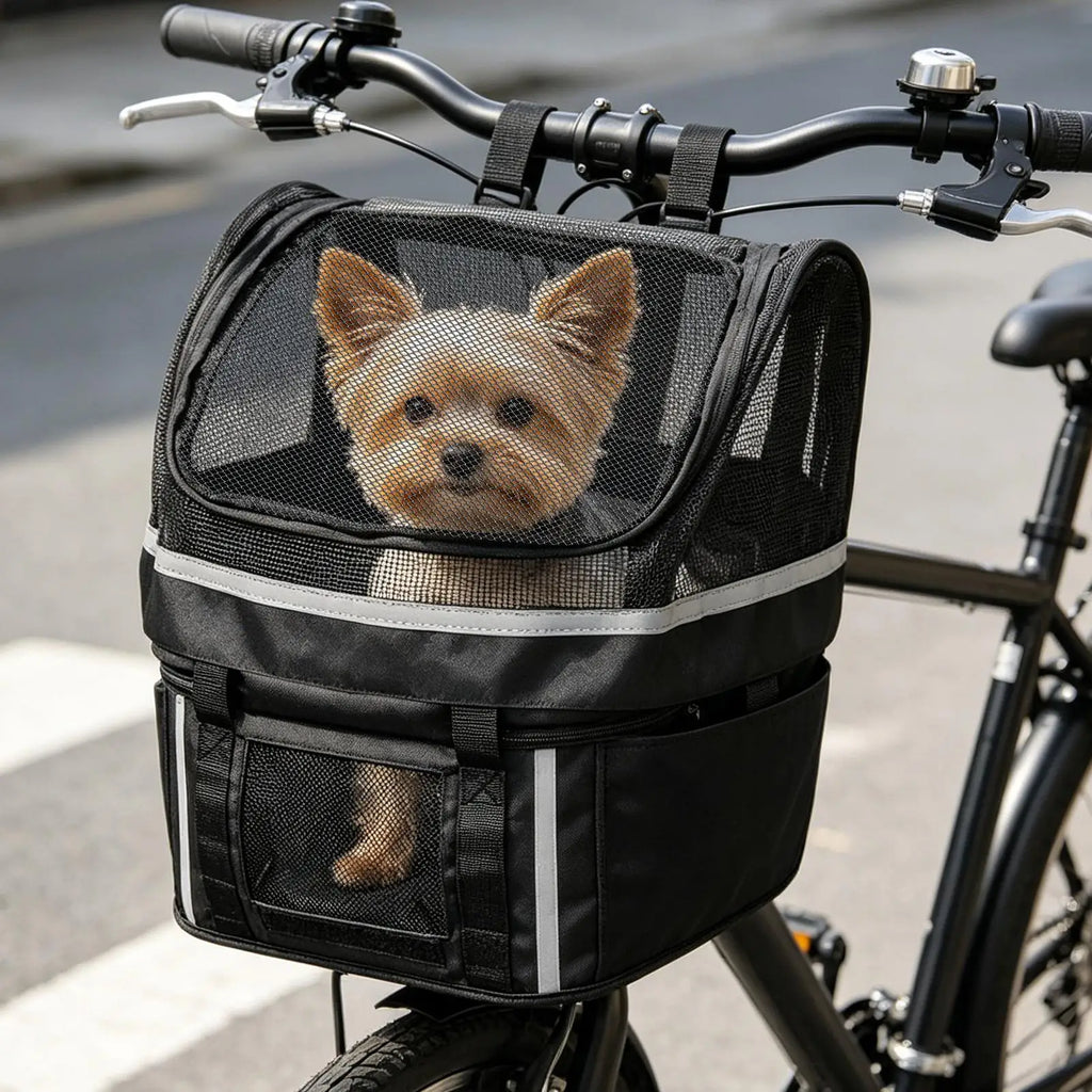 Pet Bicycle Handlebar Basket with Mesh Window — Shock-Absorbing Bike Carrier for Small Dogs & Cats