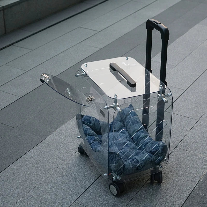 Clear plastic luggage cover with wheels and handle on a tiled floor