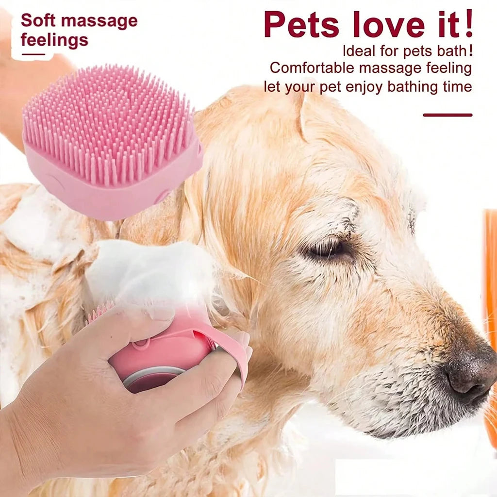 A pink pet grooming massage brush being used on a golden retriever dog with soap lather, shown alongside a close-up of the brush. Text on the image reads 'Soft massage feelings' and 'Pets love it!'.