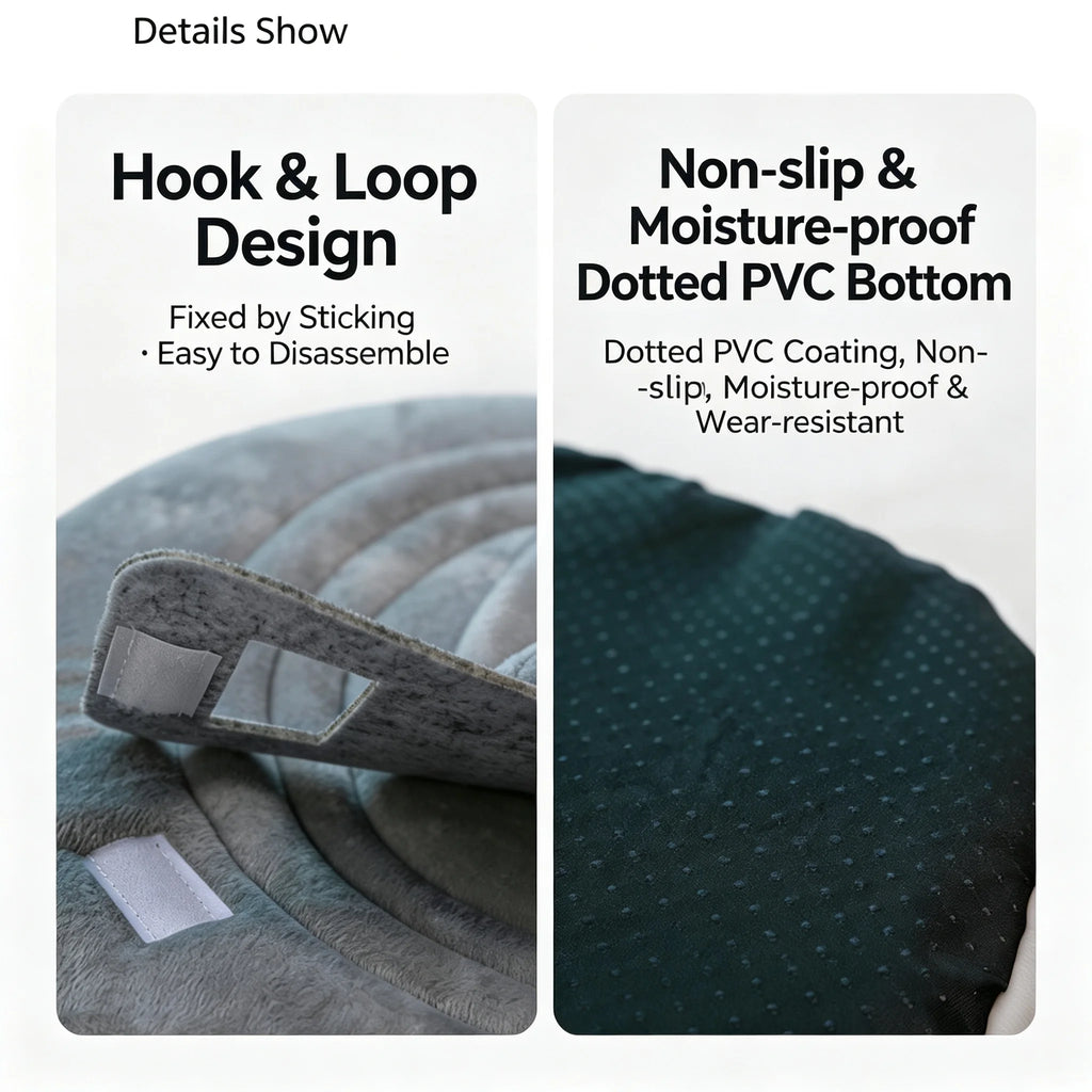A product detail graphic with two panels showing features: hook and loop design with text 'Hook & Loop Design' and a close-up of a gray textured strap with a hook-and-loop tab; non-slip and moisture-proof dotted PVC bottom with text and a close-up of a dark dotted fabric surface.