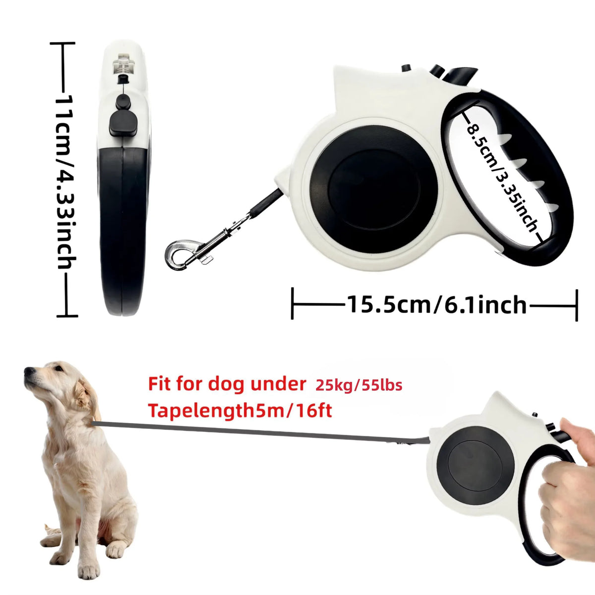 Retractable dog leash with measurements and a dog sitting next to it.