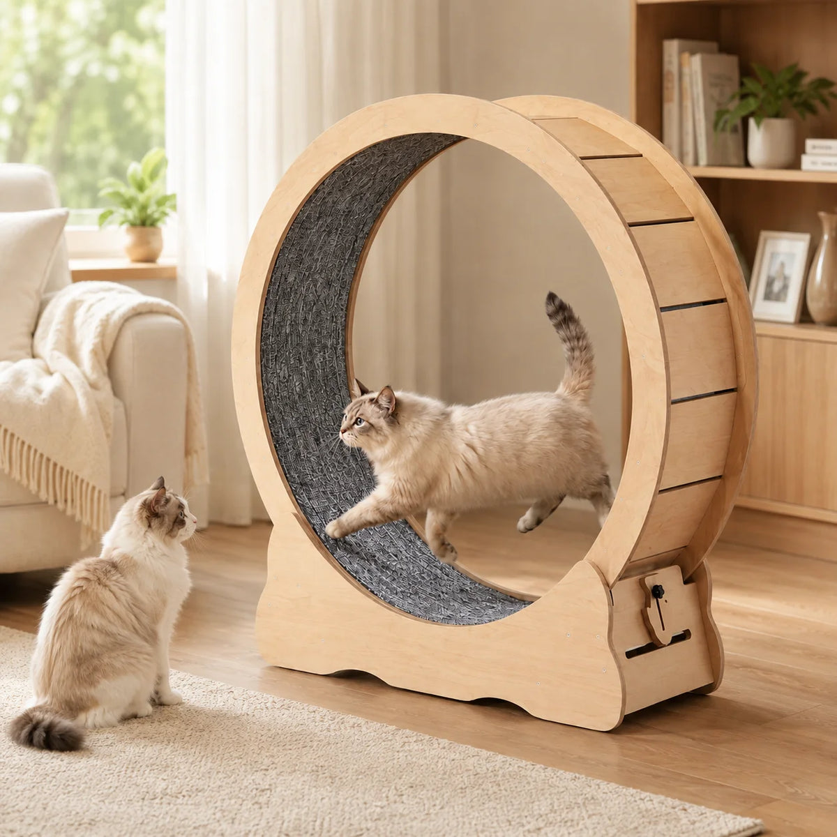 A large oval wooden cat exercise wheel with a gray textured inner surface, shown in a bright living room. One cat is running inside the wheel, and another sits outside watching.