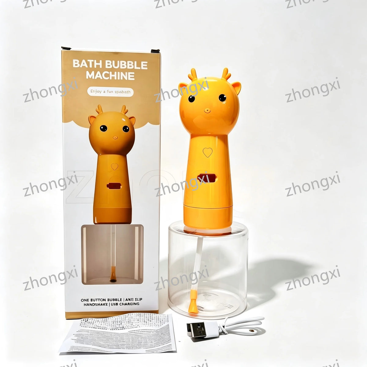 Orange giraffe-shaped bath bubble machine shown next to its retail box, with a clear cylindrical base, small instruction sheet, and USB charging cable on a white background. The product is branded with a heart on its body and has small orange horns.