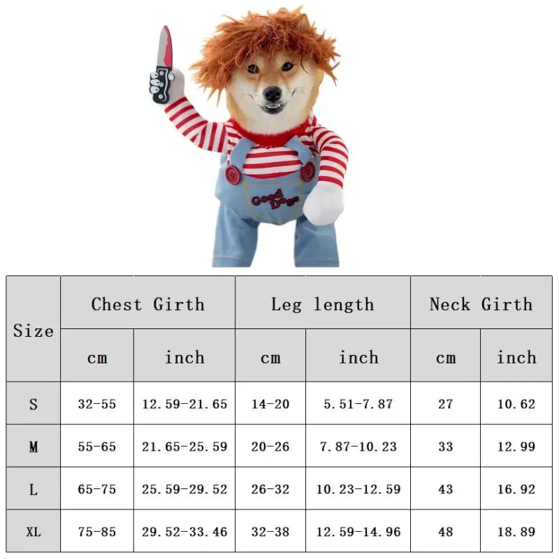 Dog plush toy with a size chart on a white background