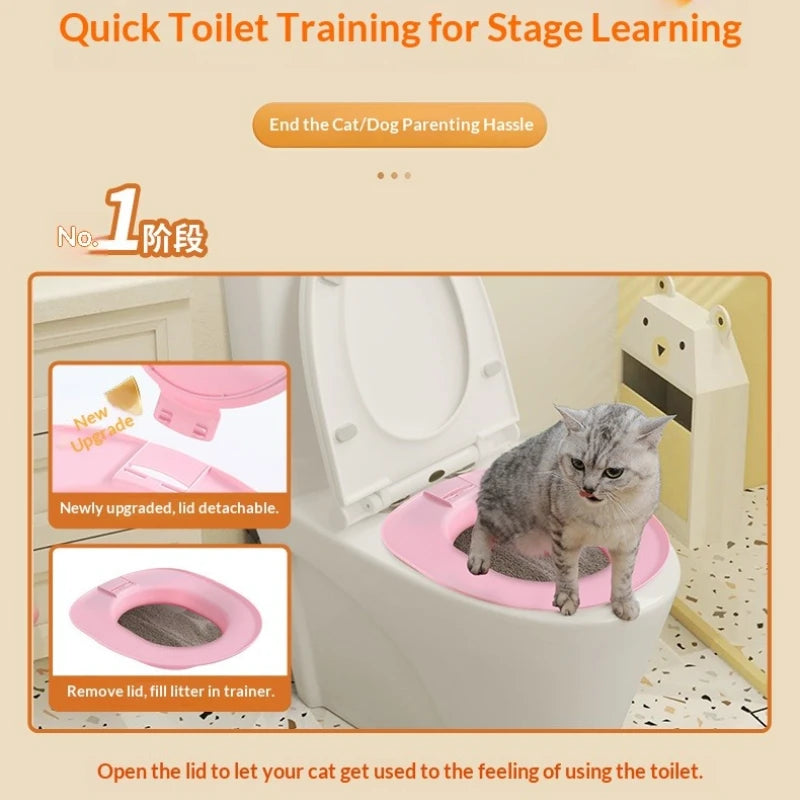 Cat using a pink toilet training seat on a toilet with text about quick toilet training for stage learning.