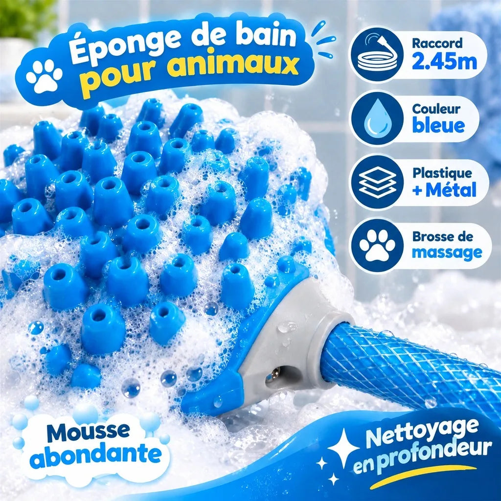 Blue silicone pet bath scrubber brush with a textured handle, covered in white foam, with French promotional text and feature icons on a light background.