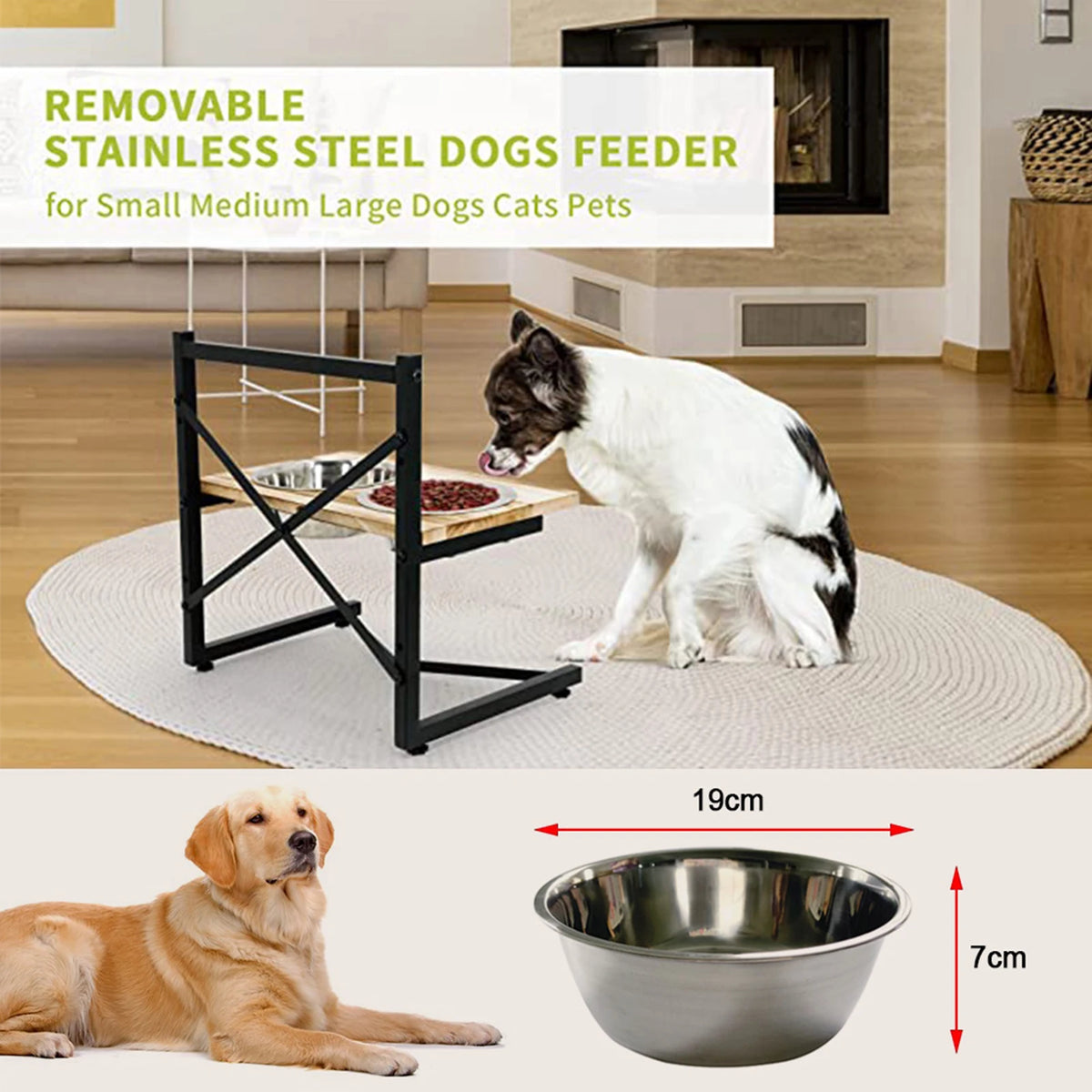 Stainless steel pet feeder and bowl set shown with dogs in a home setting and a size diagram. The top half shows a black metal elevated feeder with a dog eating from it, with text reading 'REMOVABLE STAINLESS STEEL DOGS FEEDER for Small Medium Large Dogs Cats Pets.