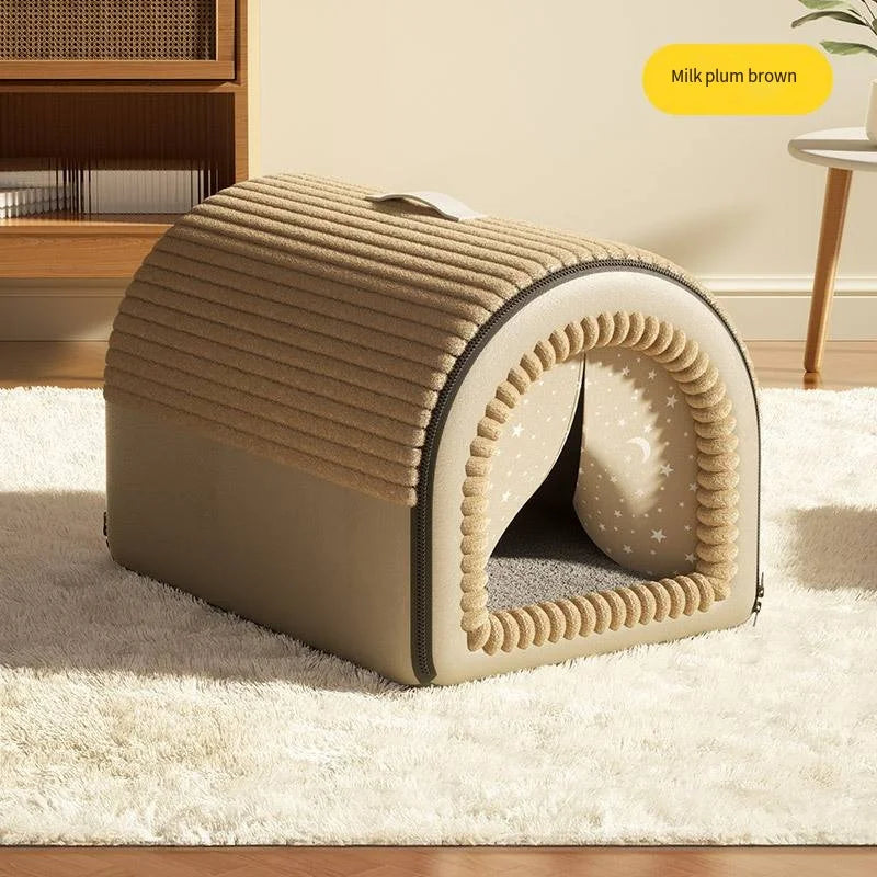 Thickened Winter Pet Bed | Closed Dog House & Cat Shelter with Washable Mattress