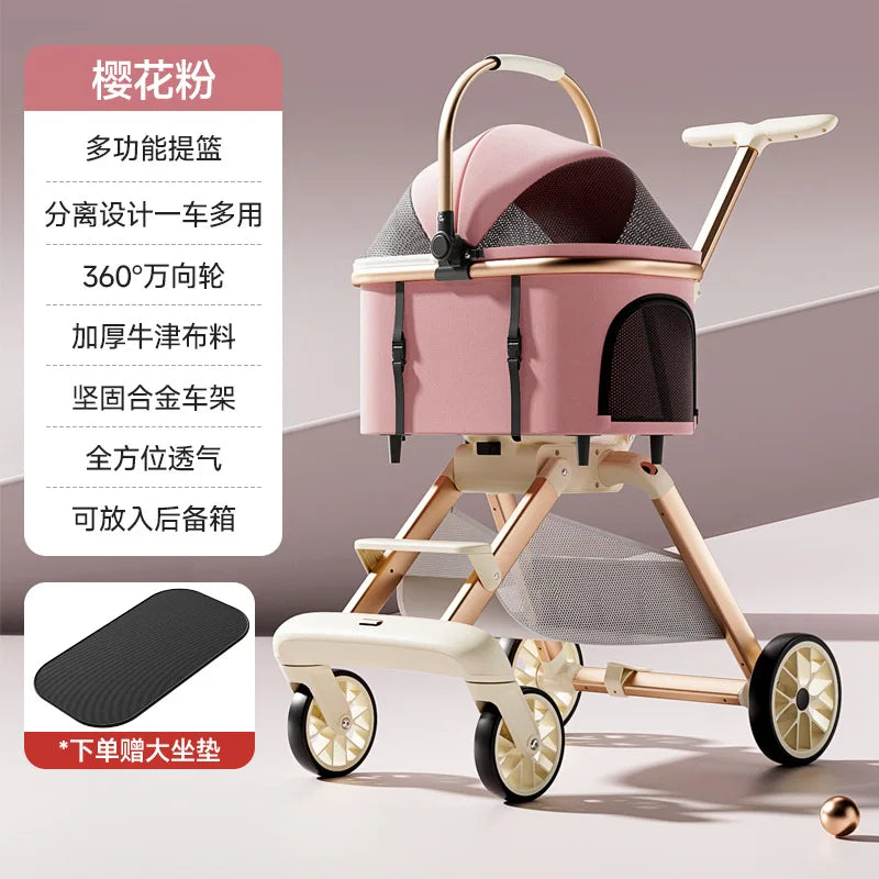3-in-1 Luxury Pet Stroller with Detachable Carrier — 4-Wheel Travel Pram for Small & Medium Dogs and Cats