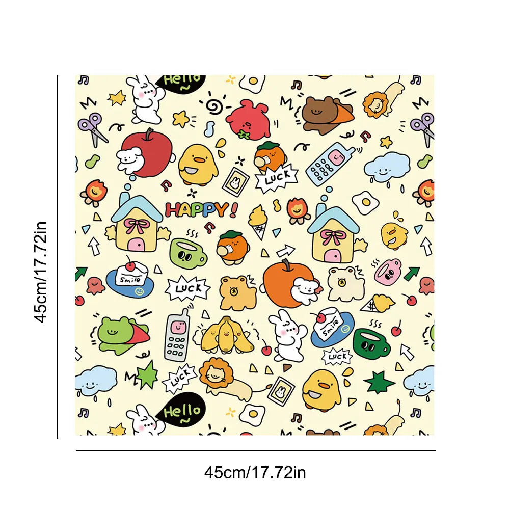 Patterned paper with colorful illustrations and text on a white background