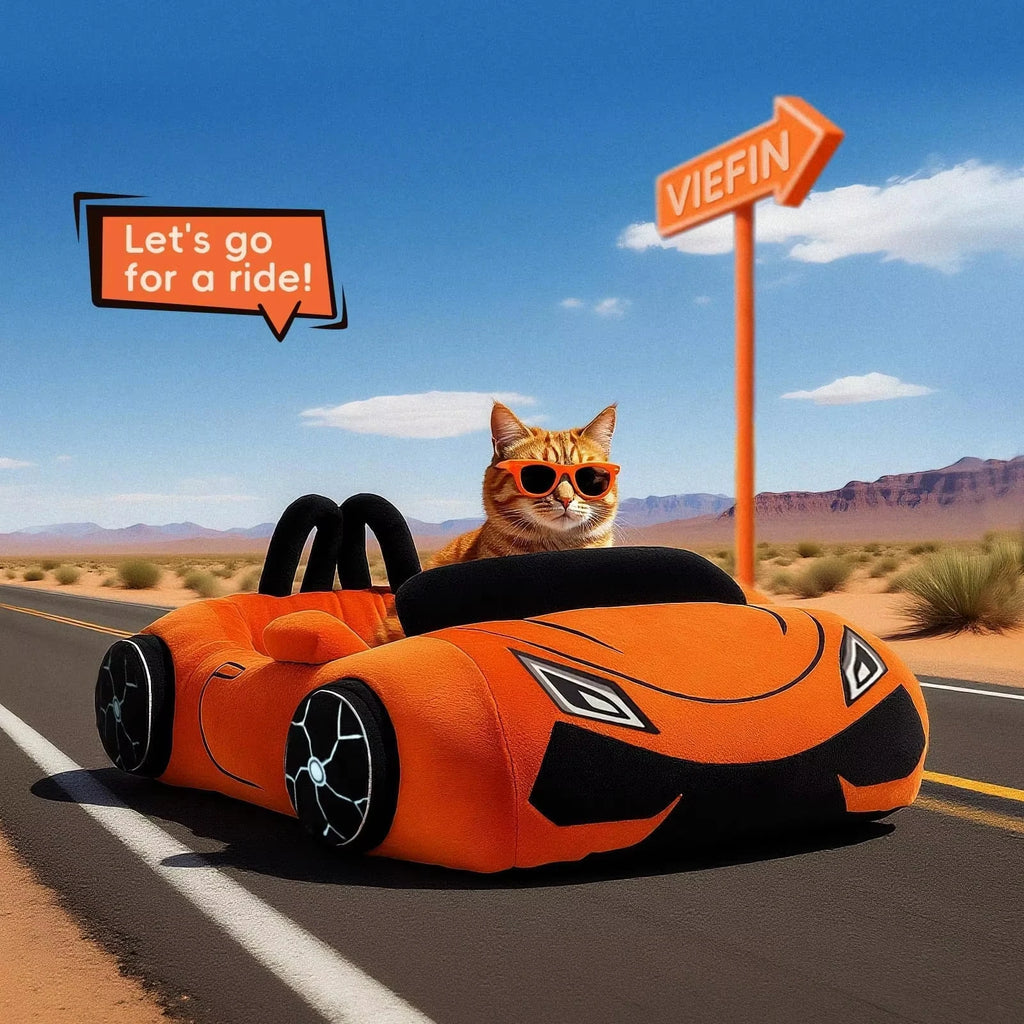 Cat in an orange car with sunglasses on a desert road, next to a signpost with 'VIEFIN' and 'Let's go for a ride!' text.