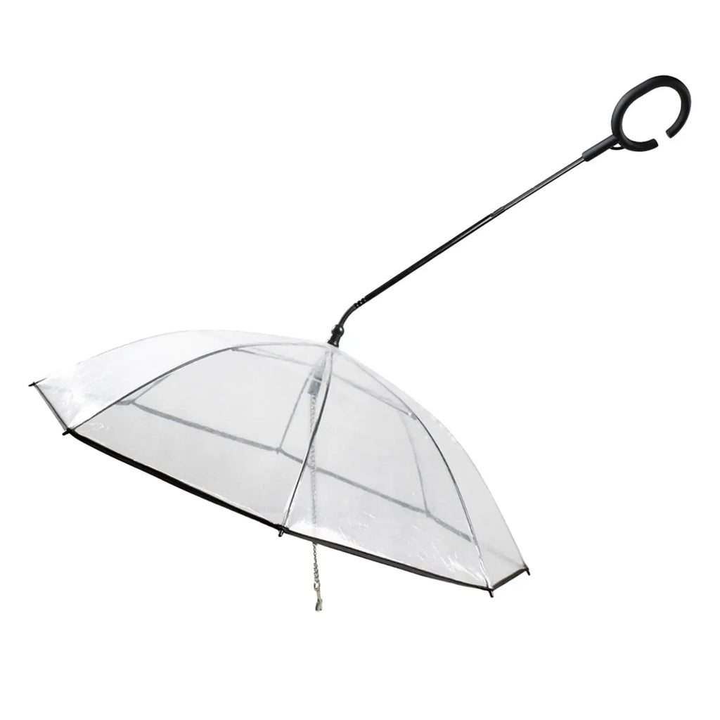 A transparent dome-shaped umbrella with a long black handle and a hanging chain, shown against a plain white background.