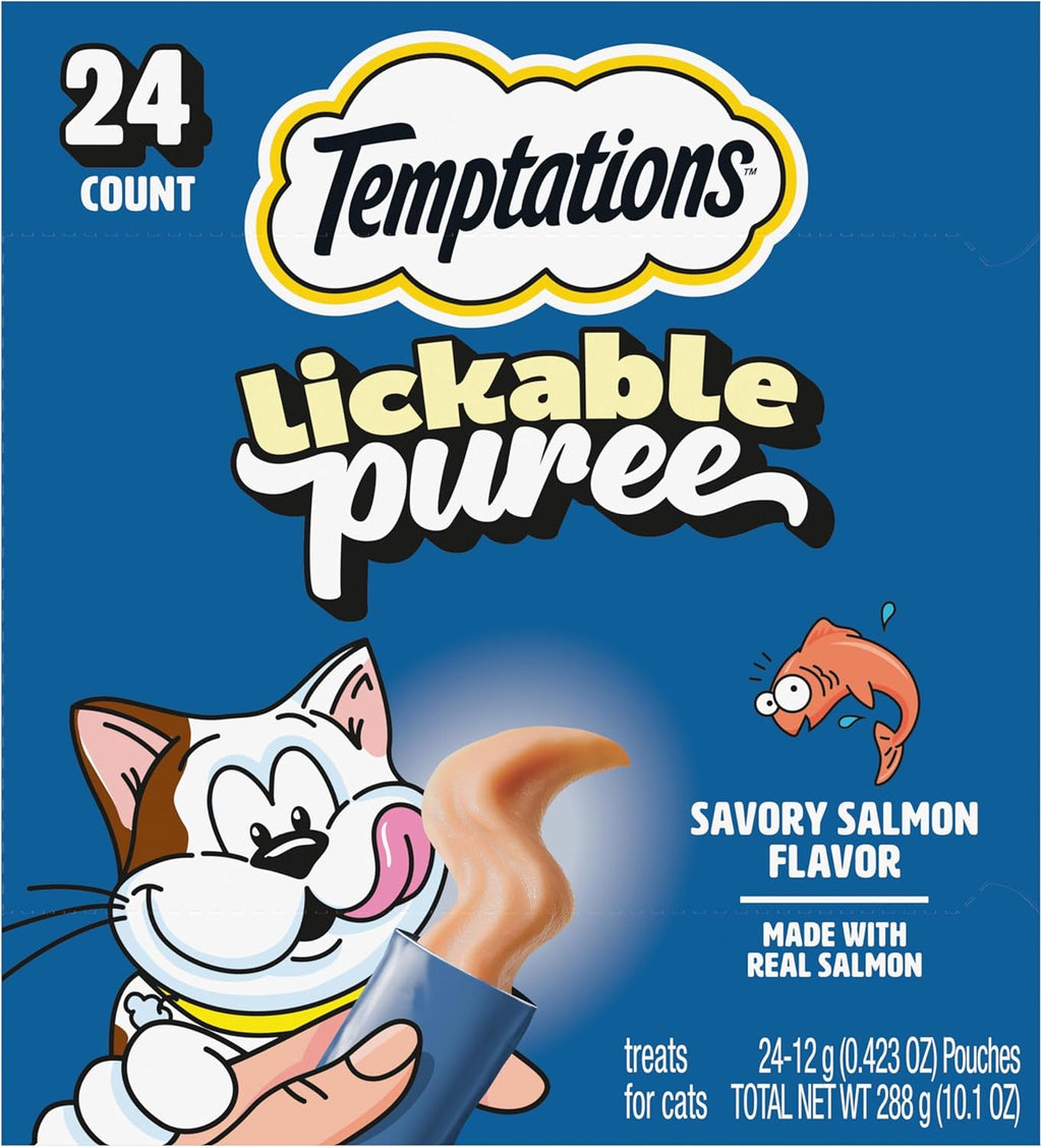 Creamy Puree Lickable Cat Treats, Salmon, 24 Count | under 15 Calories per Tube, Great for Senior Cats, No Chewing Required, No Added Sugar, Wet Squeezable Treat, 0.42 Oz. Tubes