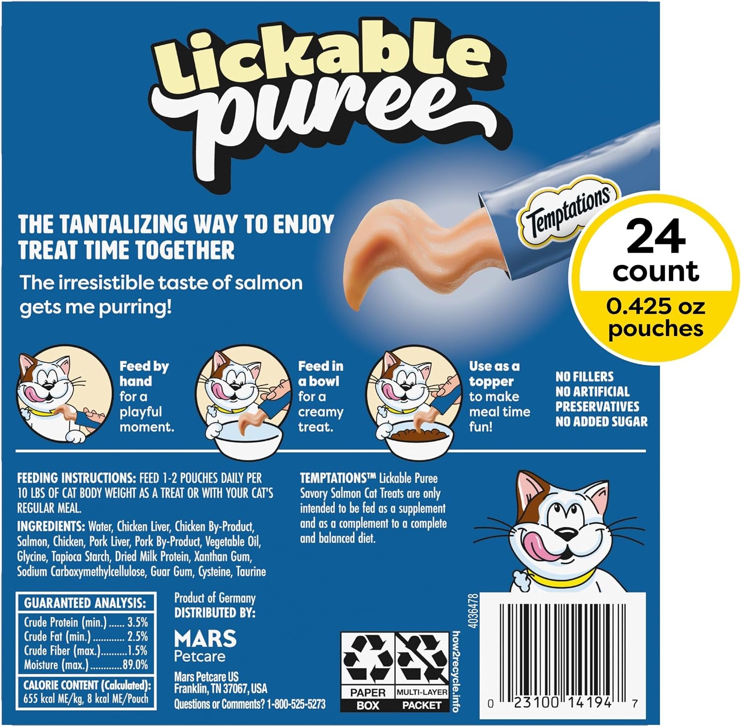 Creamy Puree Lickable Cat Treats, Salmon, 24 Count | under 15 Calories per Tube, Great for Senior Cats, No Chewing Required, No Added Sugar, Wet Squeezable Treat, 0.42 Oz. Tubes